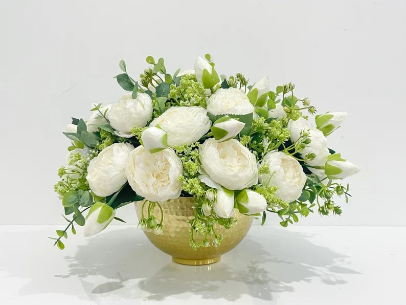 French Country White Peonies with Baby Green Spray Centerpiece In Timeless Gold Vase - Flovery
