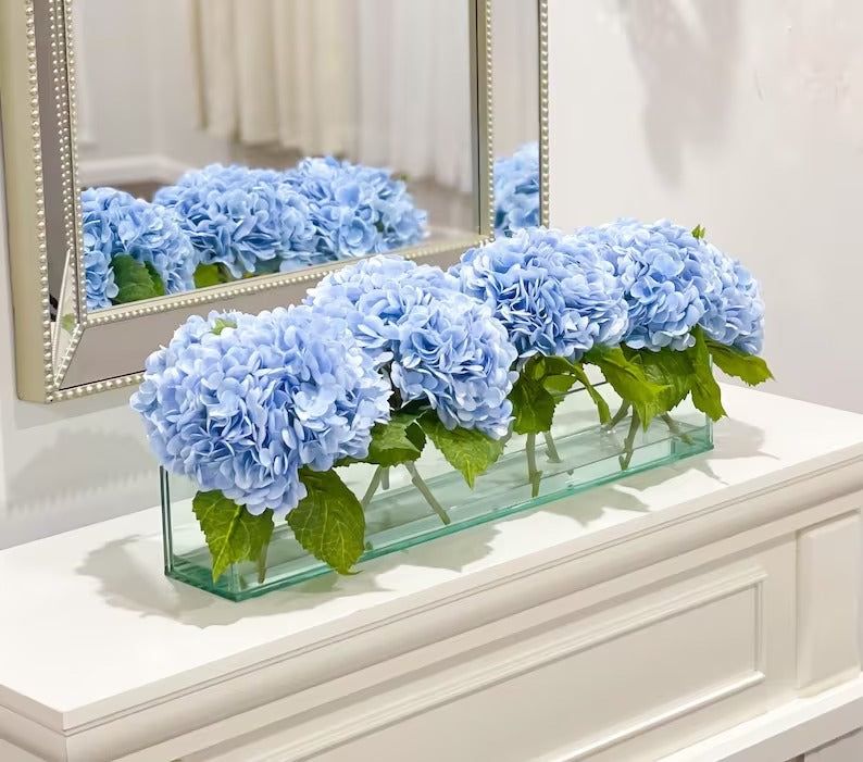 French Artificial Hydrangeas Centerpiece In Long Glass Vase - Flovery
