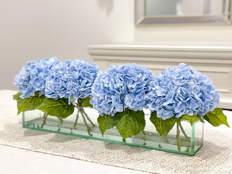French Artificial Hydrangeas Centerpiece In Long Glass Vase - Flovery