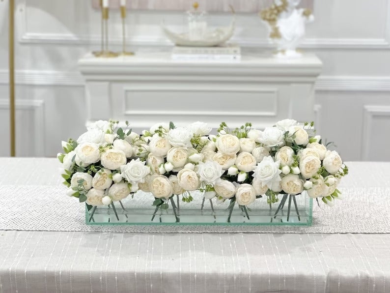24-in Modern White Rose Peony Arrangement in Long Glass Vase - Flovery