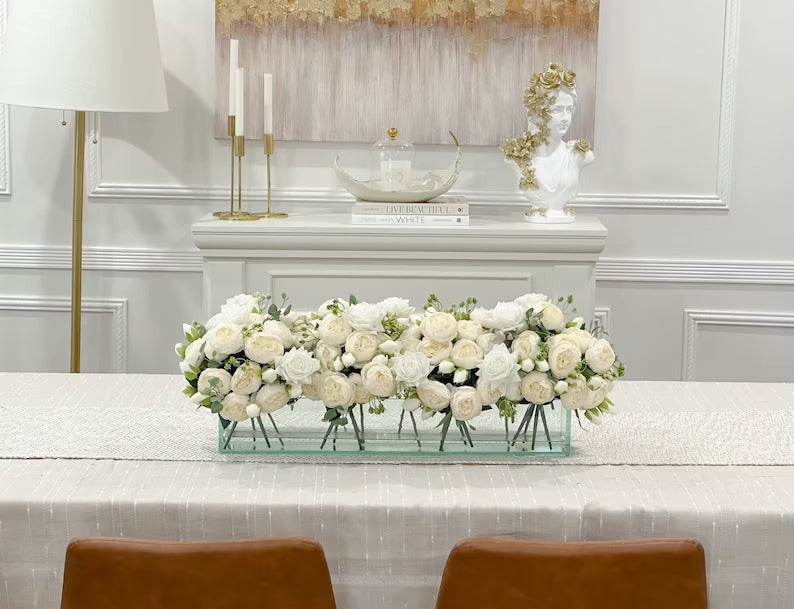 24-in Modern White Rose Peony Arrangement in Long Glass Vase - Flovery