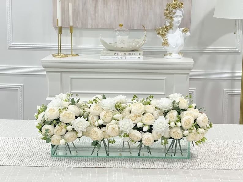 24-in Modern White Rose Peony Arrangement in Long Glass Vase Secondary image