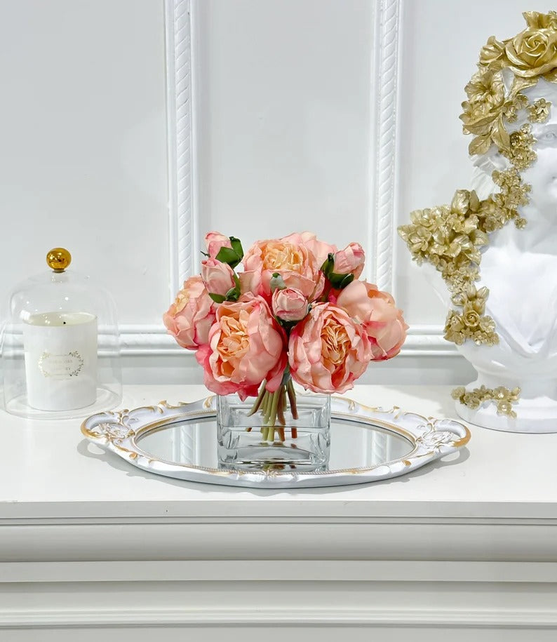 Finest Silk Peonies Everlasting Flower Centerpiece In Square Glass Vase