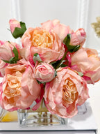 Finest Silk Peonies Everlasting Flower Centerpiece In Square Glass Vase