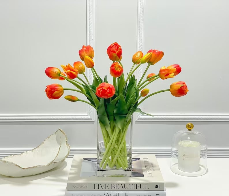 Peony Tulip Arrangement in Square Glass Vase - Flovery