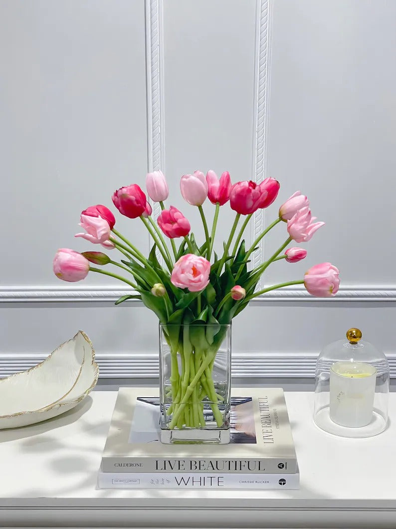 Peony Tulip Arrangement in Square Glass Vase - Flovery