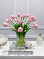 Peony Tulip Arrangement in Square Glass Vase - Flovery