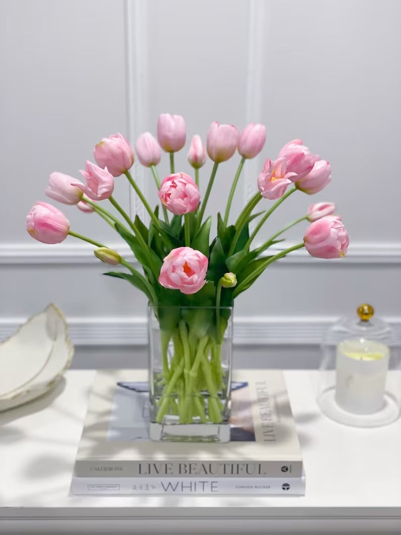 Peony Tulip Arrangement in Square Glass Vase - Flovery