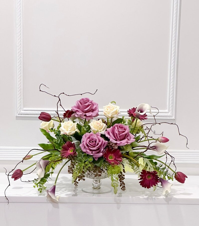 Premium All Real Touch Flowers Arrangement, French Purple Floral Decor In Glass Vase - Flovery