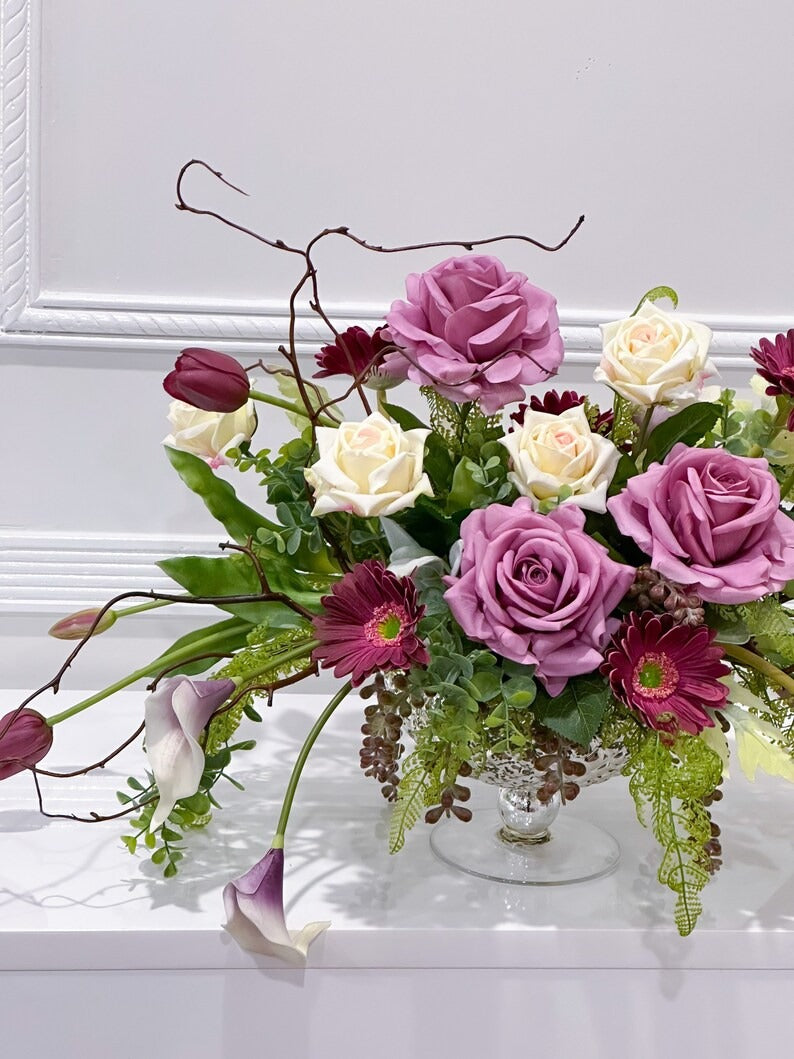Premium All Real Touch Flowers Arrangement, French Purple Floral Decor In Glass Vase - Flovery