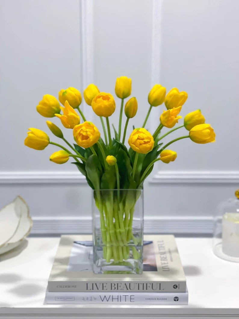 Peony Tulip Arrangement in Square Glass Vase - Flovery