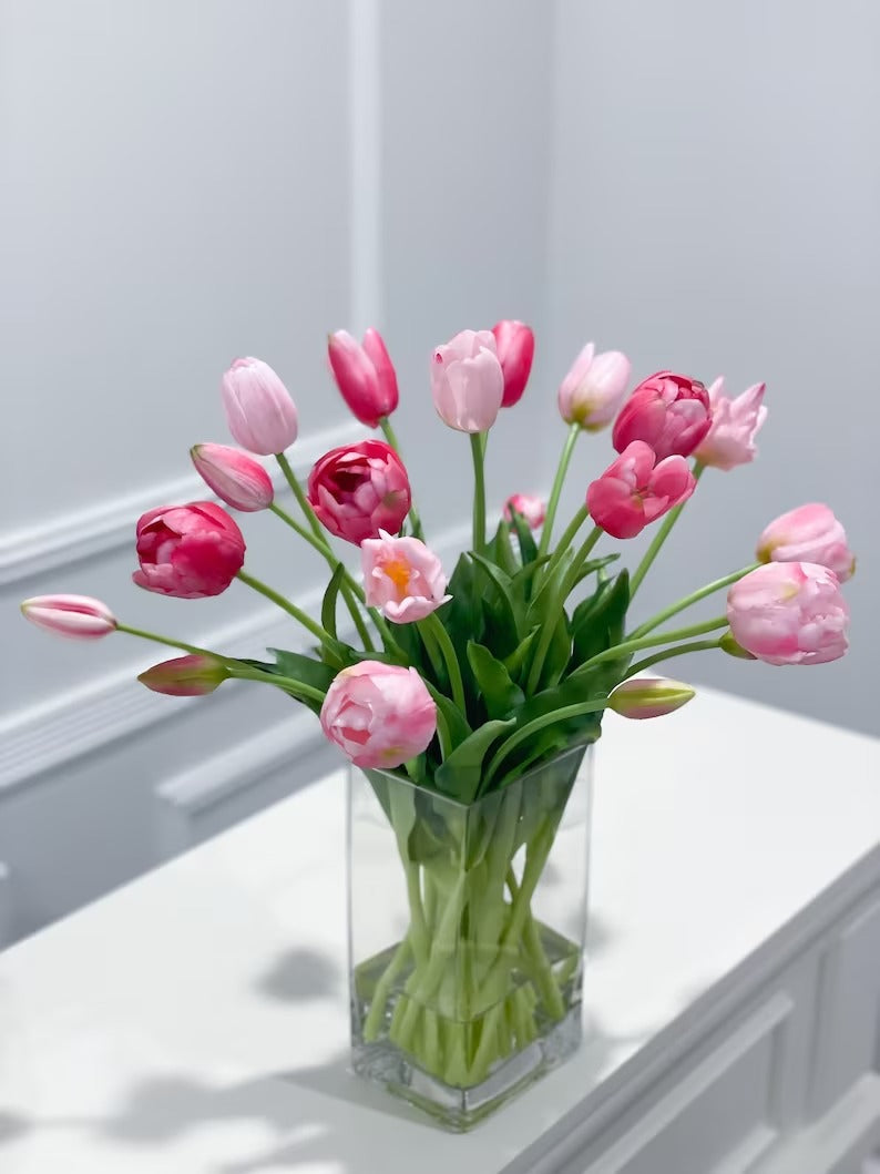 Peony Tulip Arrangement in Square Glass Vase - Flovery