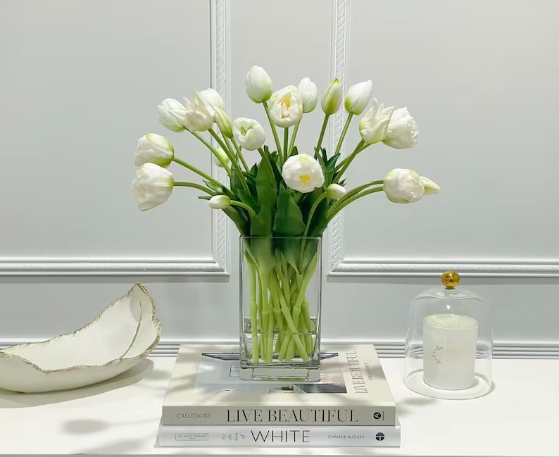 Peony Tulip Arrangement in Square Glass Vase - Flovery