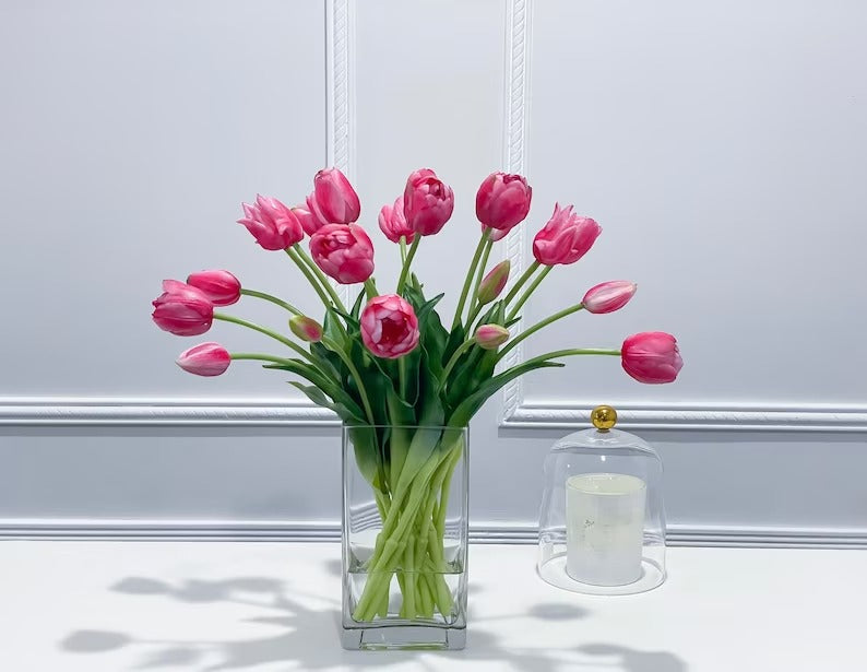 Peony Tulip Arrangement in Square Glass Vase - Flovery