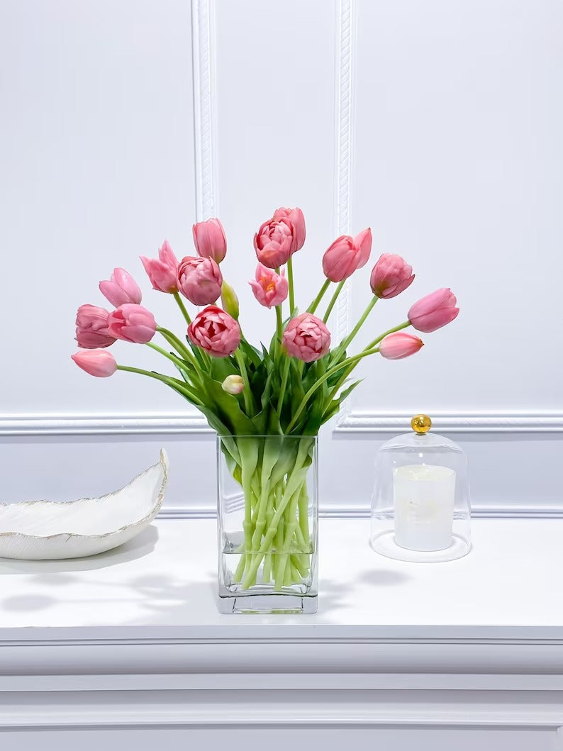 Peony Tulip Arrangement in Square Glass Vase - Flovery