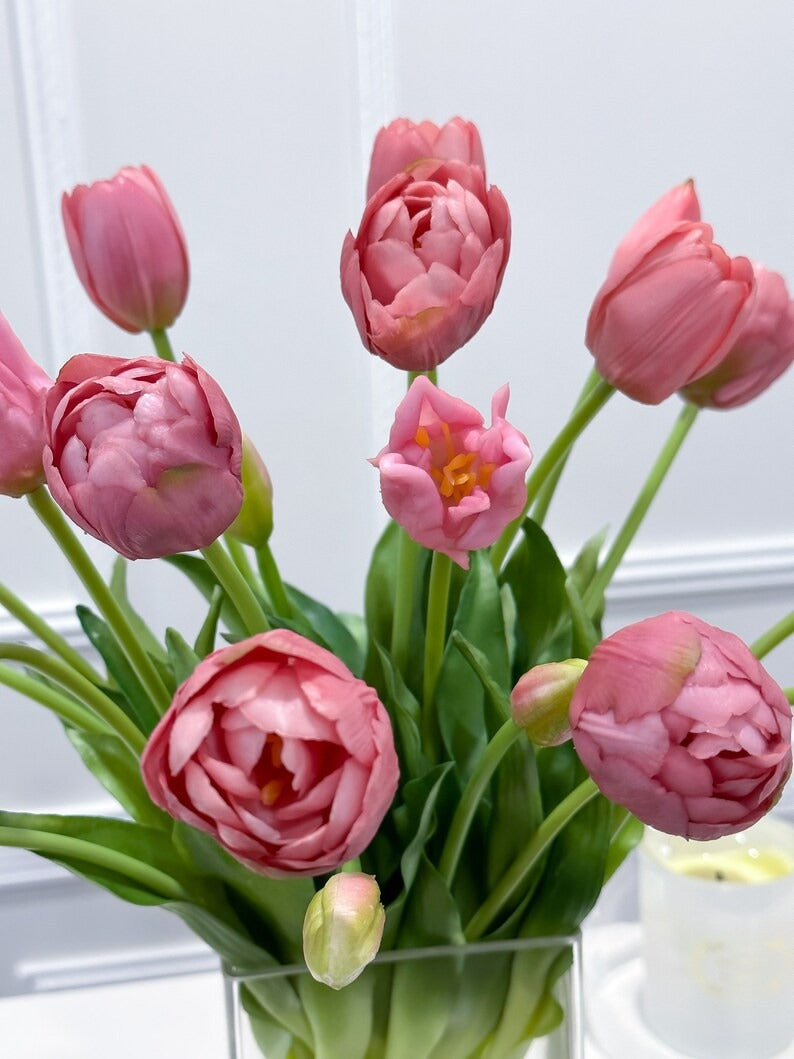 Peony Tulip Arrangement in Square Glass Vase - Flovery