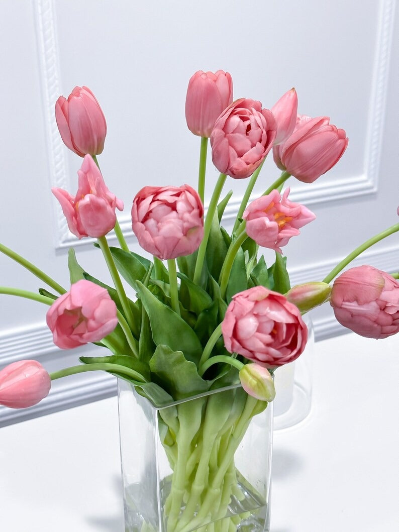 Peony Tulip Arrangement in Square Glass Vase - Flovery