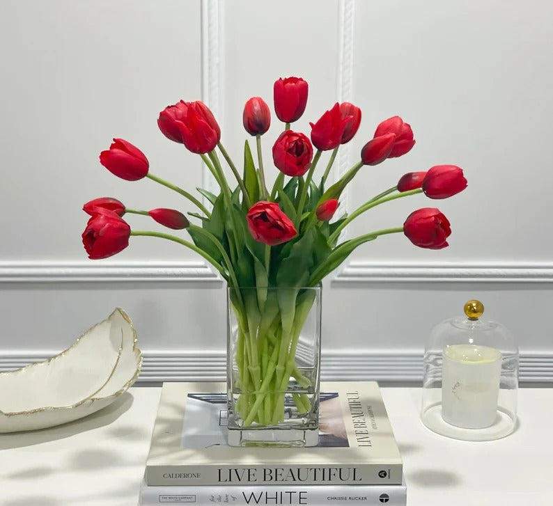 Peony Tulip Arrangement in Square Glass Vase - Flovery
