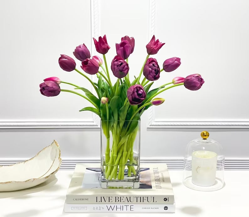 Peony Tulip Arrangement in Square Glass Vase - Flovery