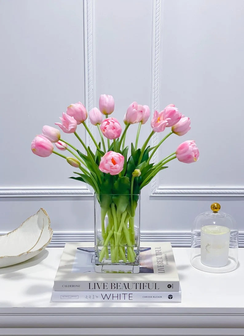 Peony Tulip Arrangement in Square Glass Vase - Flovery