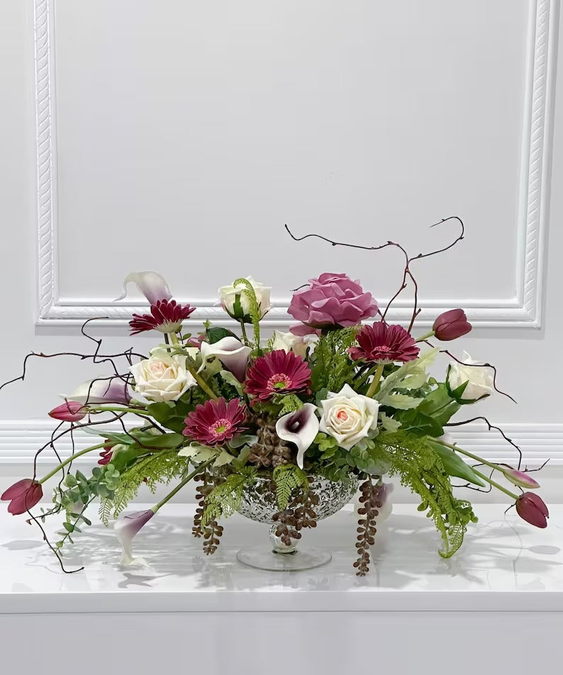 Premium All Real Touch Flowers Arrangement, French Purple Floral Decor In Glass Vase - Flovery
