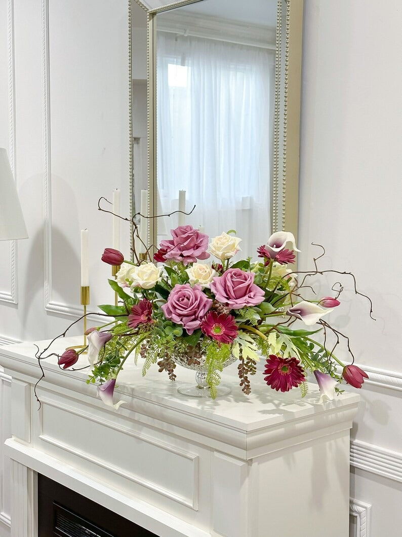 Premium All Real Touch Flowers Arrangement, French Purple Floral Decor In Glass Vase Secondary image