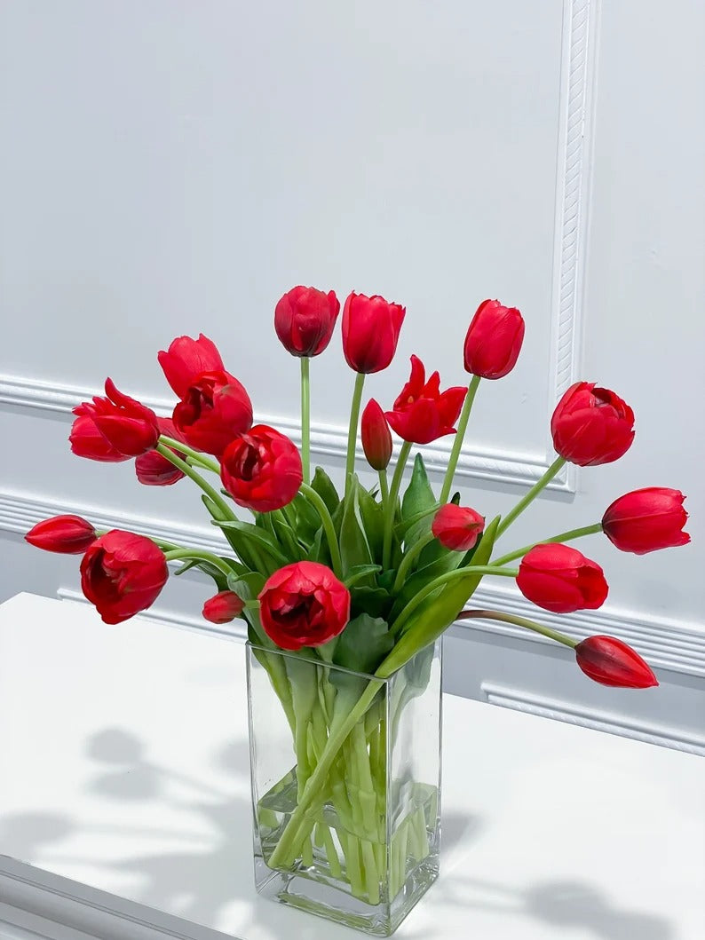 Peony Tulip Arrangement in Square Glass Vase - Flovery