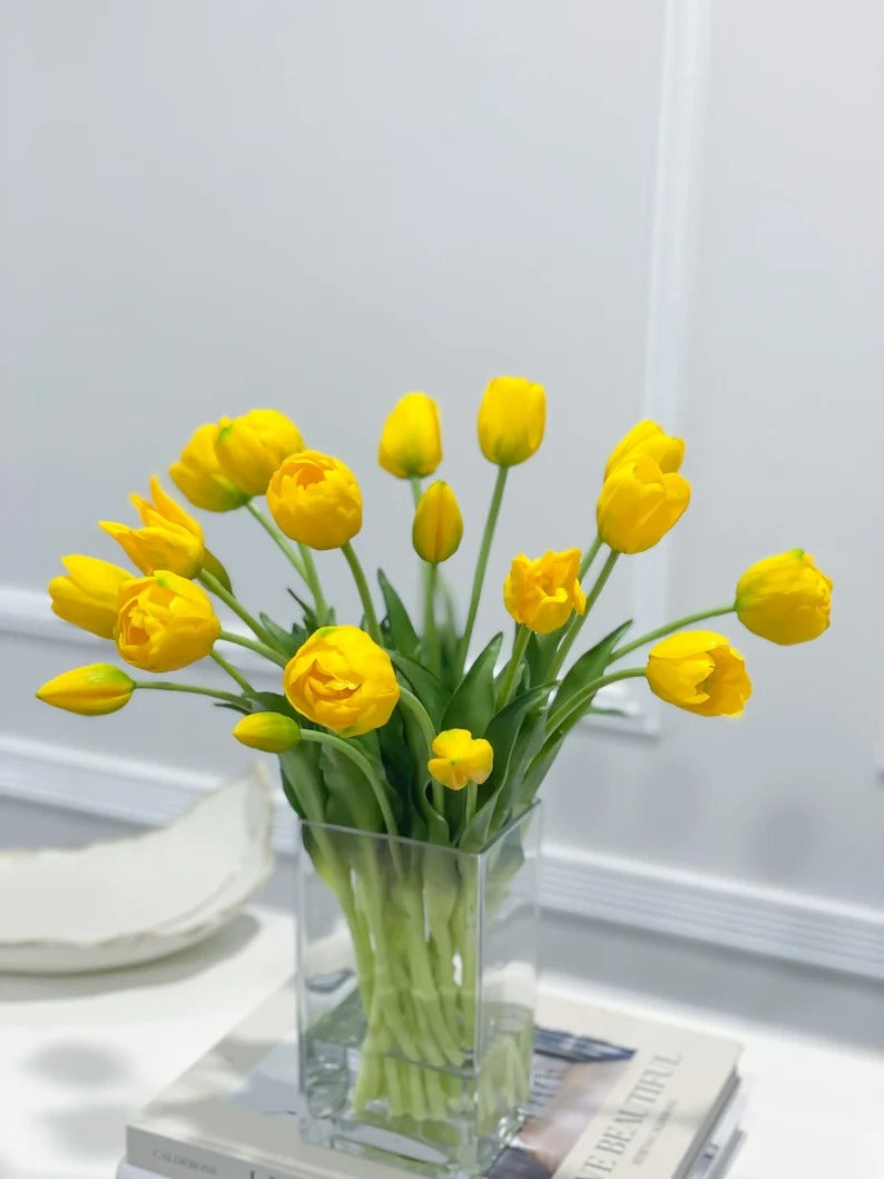 Peony Tulip Arrangement in Square Glass Vase - Flovery