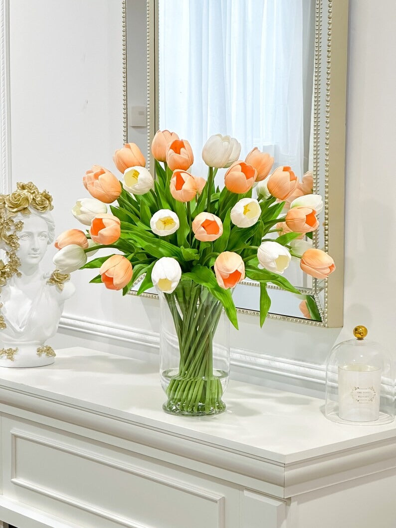 22-in Large Peach White Real Touch Tulip  Luxury Floral Centerpiece - Flovery Main image