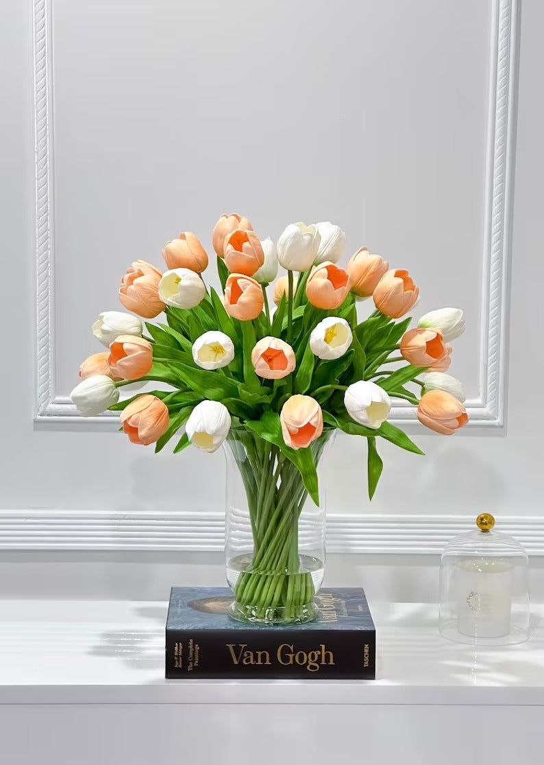 22-in Large Peach White Real Touch Tulip  Luxury Floral Centerpiece - Flovery