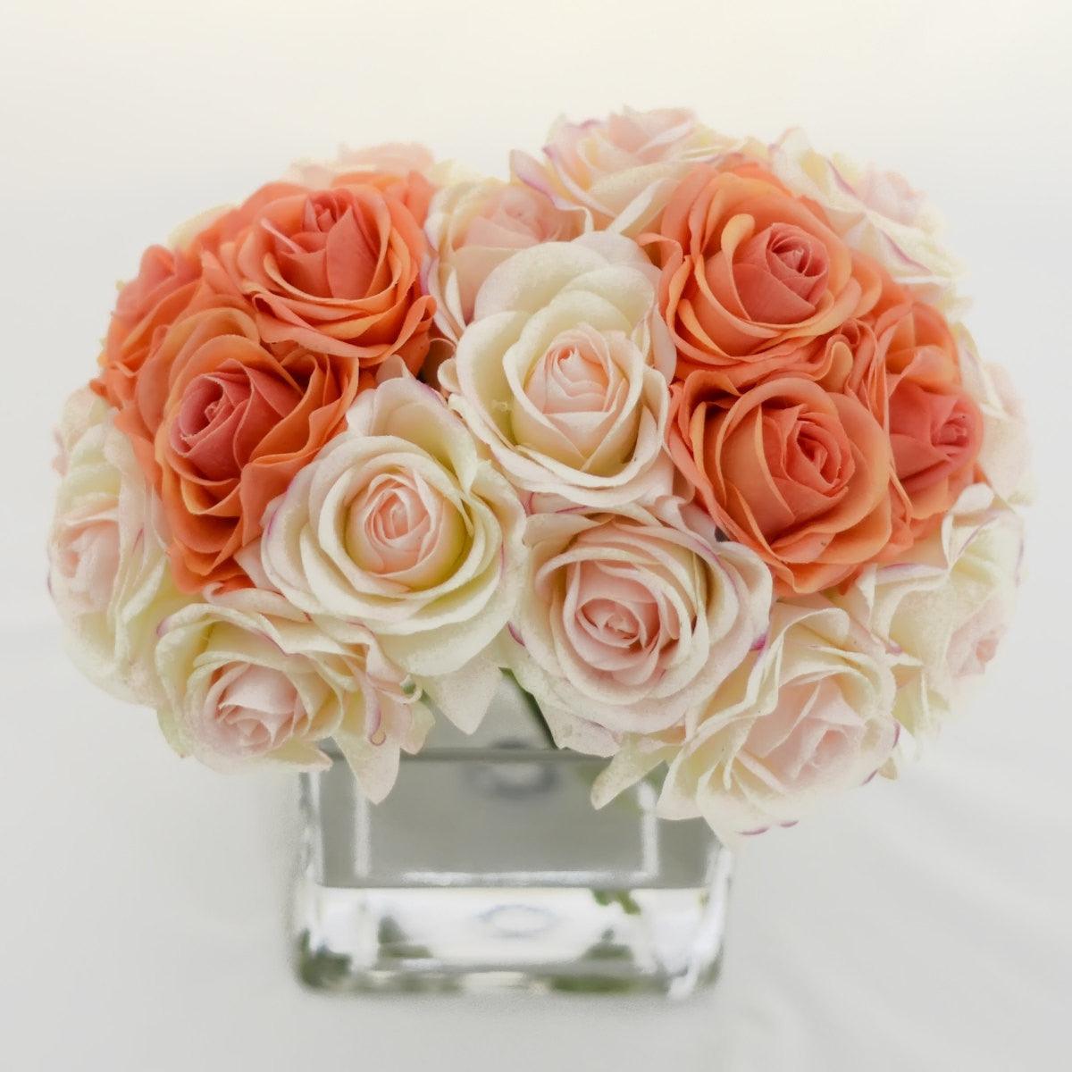 Real Touch Peach Orange Light Pink Ivory Roses Arrangement - Flovery