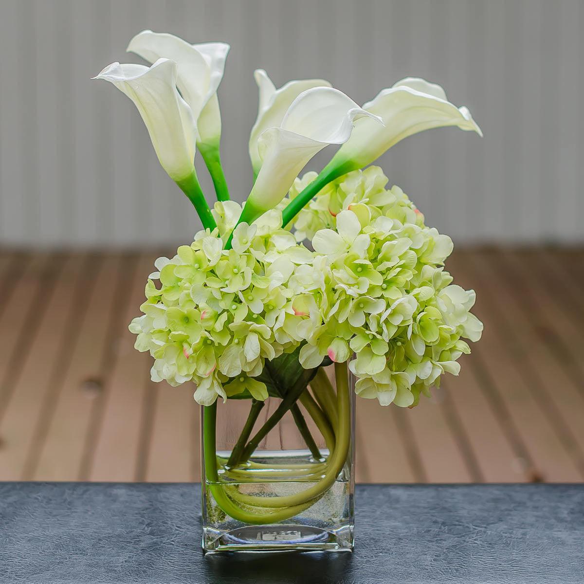 Silk Green Hydrangea with Real Touch Calla Lily Arrangement - Flovery