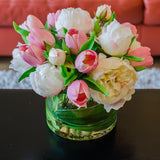 Silk White Peony & Real Touch Pink Tulip Arrangement - Flovery