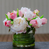Silk White Peony & Real Touch Pink Tulip Arrangement - Flovery