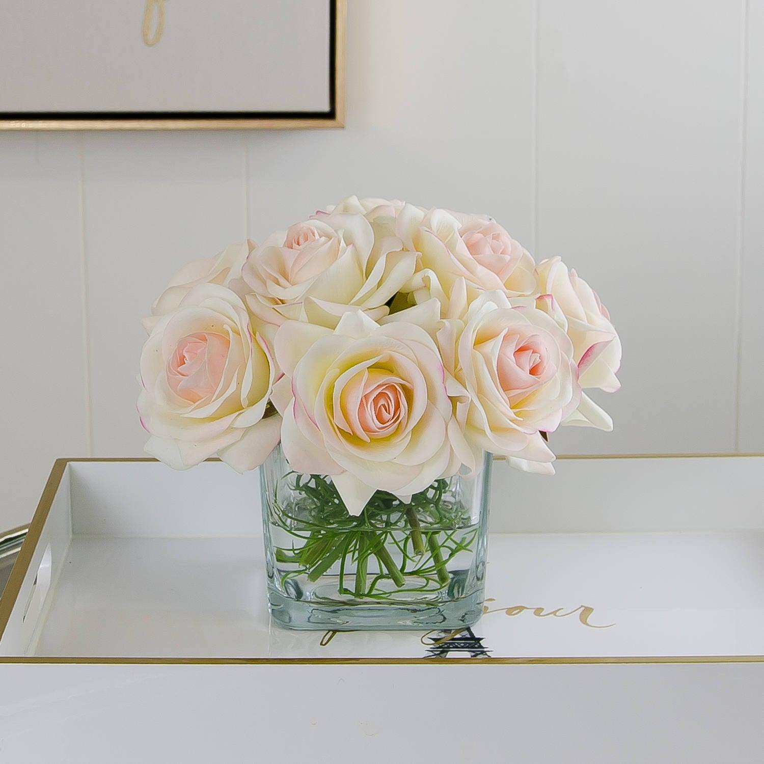 Real Touch Ivory Roses Pink Tipped Greenery Arrangement - Flovery
