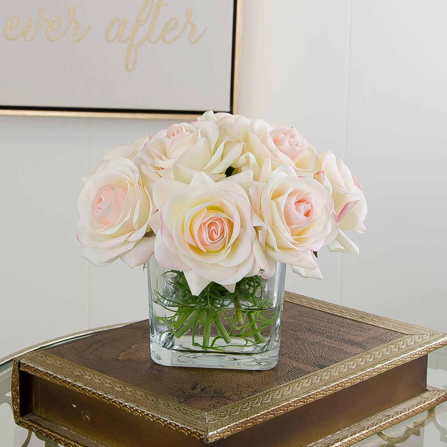 Real Touch Ivory Roses Pink Tipped Greenery Arrangement - Flovery