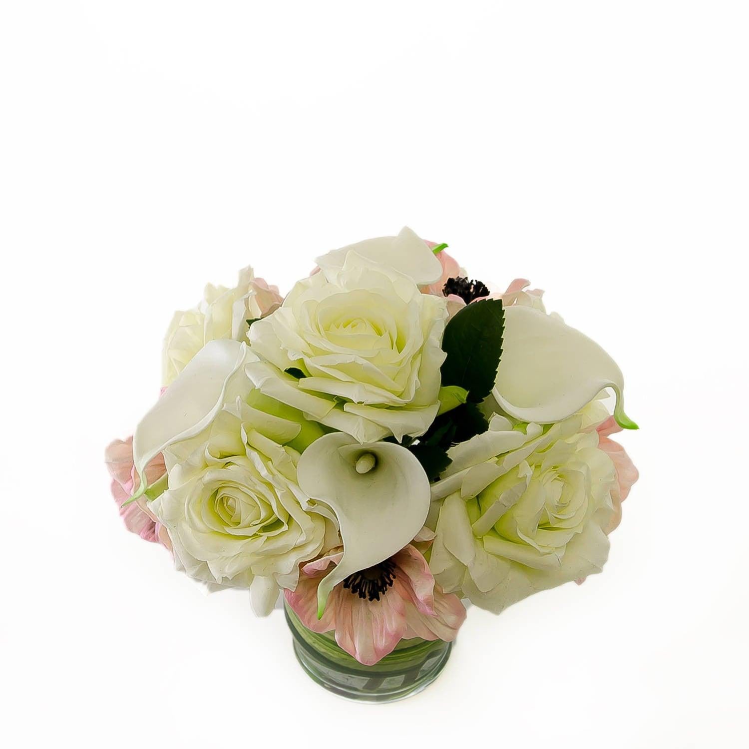 White Real Touch Roses Pink Poppies Calla lilies Arrangement - Flovery