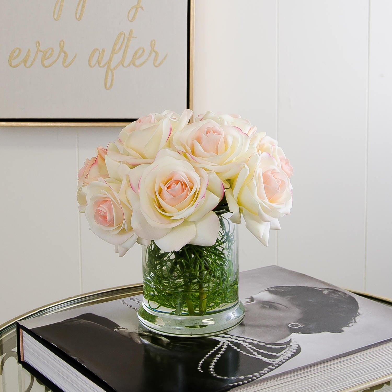 Real Touch Ivory Roses Pink Tipped Square Arrangement - Flovery Main image