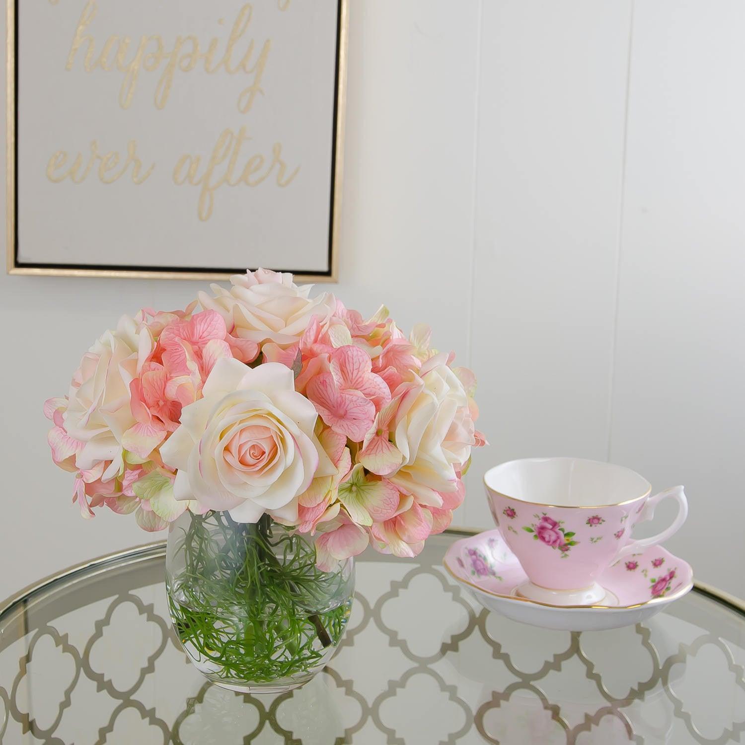 Real Touch Ivory Light Pink Tipped Roses Arrangement - Flovery