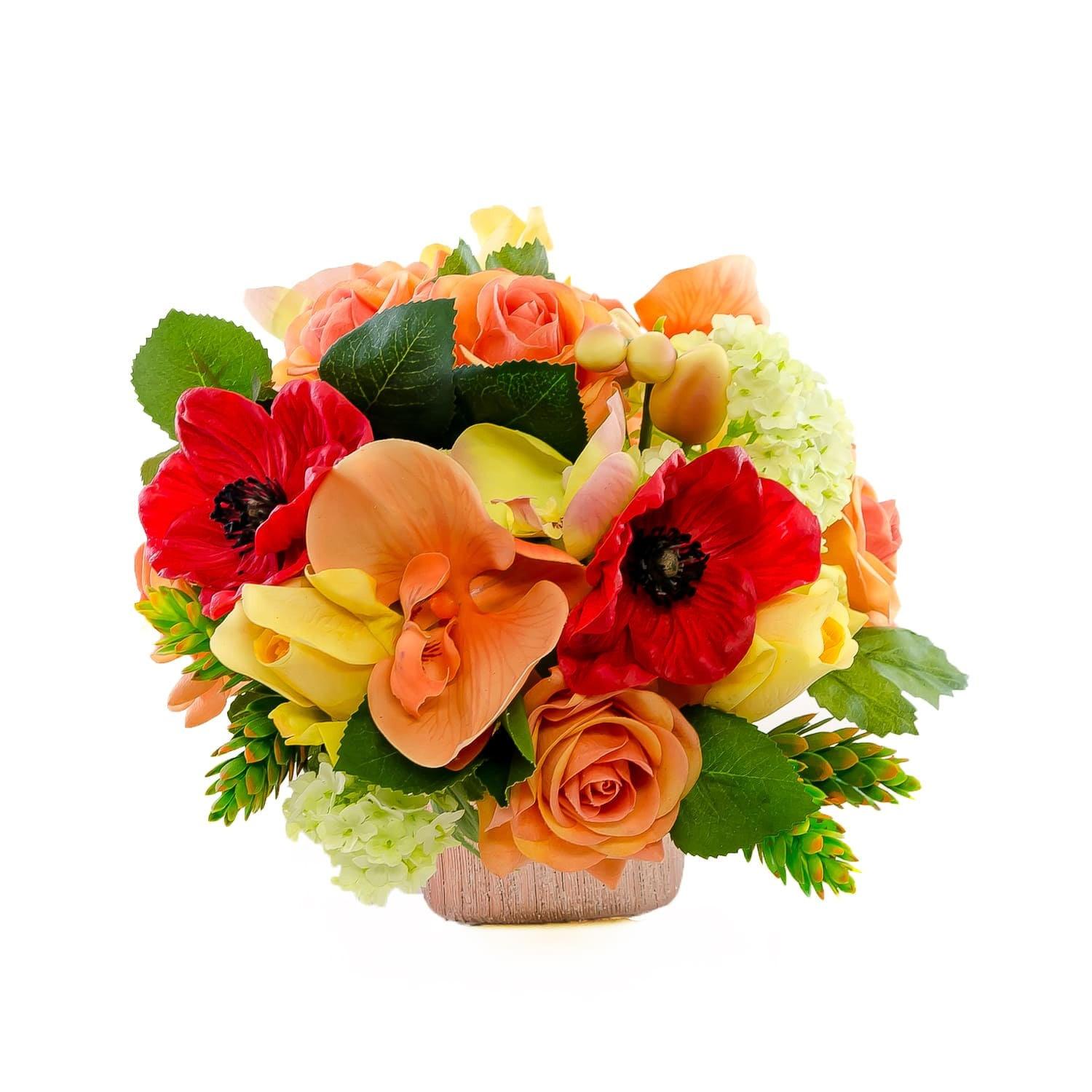 Real Touch Red Yellow Roses Poppies Green Arrangement - Flovery