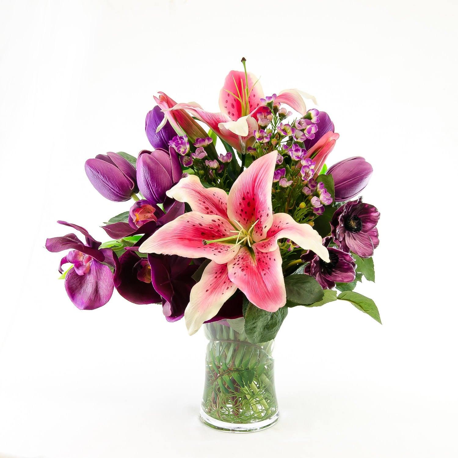 Large Real Touch Purple Tulips Orchids Arrangement - Flovery