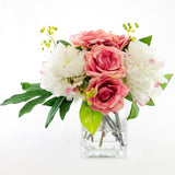 Real Touch Fuschia Pink Roses White Silk Peonies Arrangement - Flovery