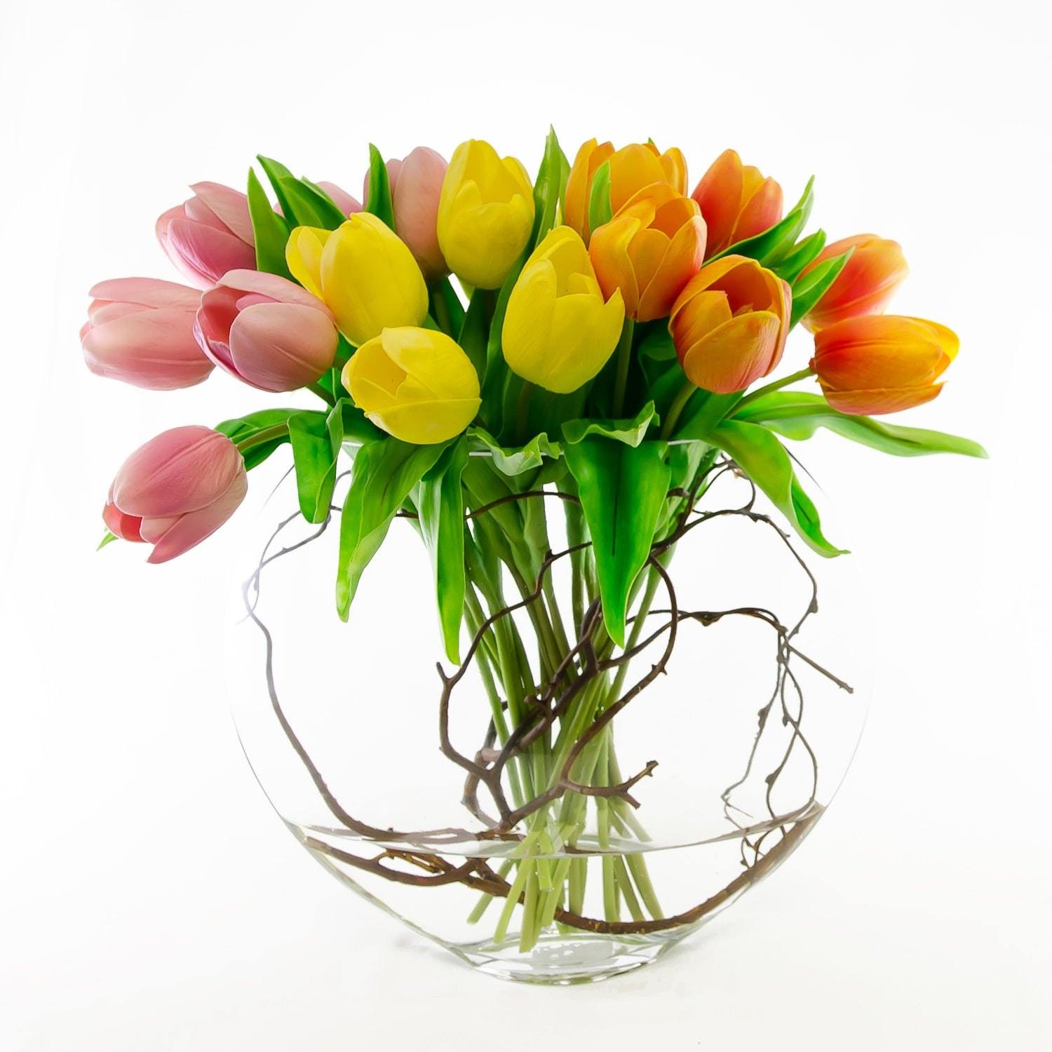 Large Real Touch Yellow Orange Pink Tulips Half Moon Arrangement - Flovery