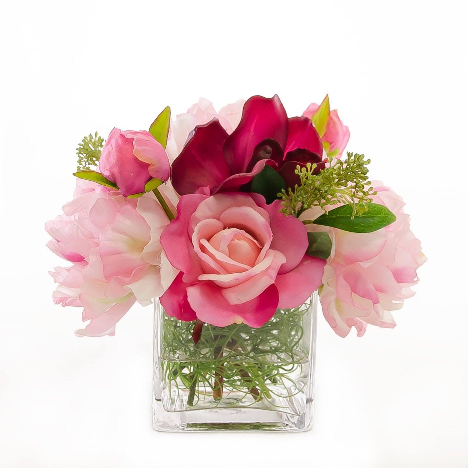 Real Touch Pink Roses Red Orchid Silk Peonies Arrangement - Flovery