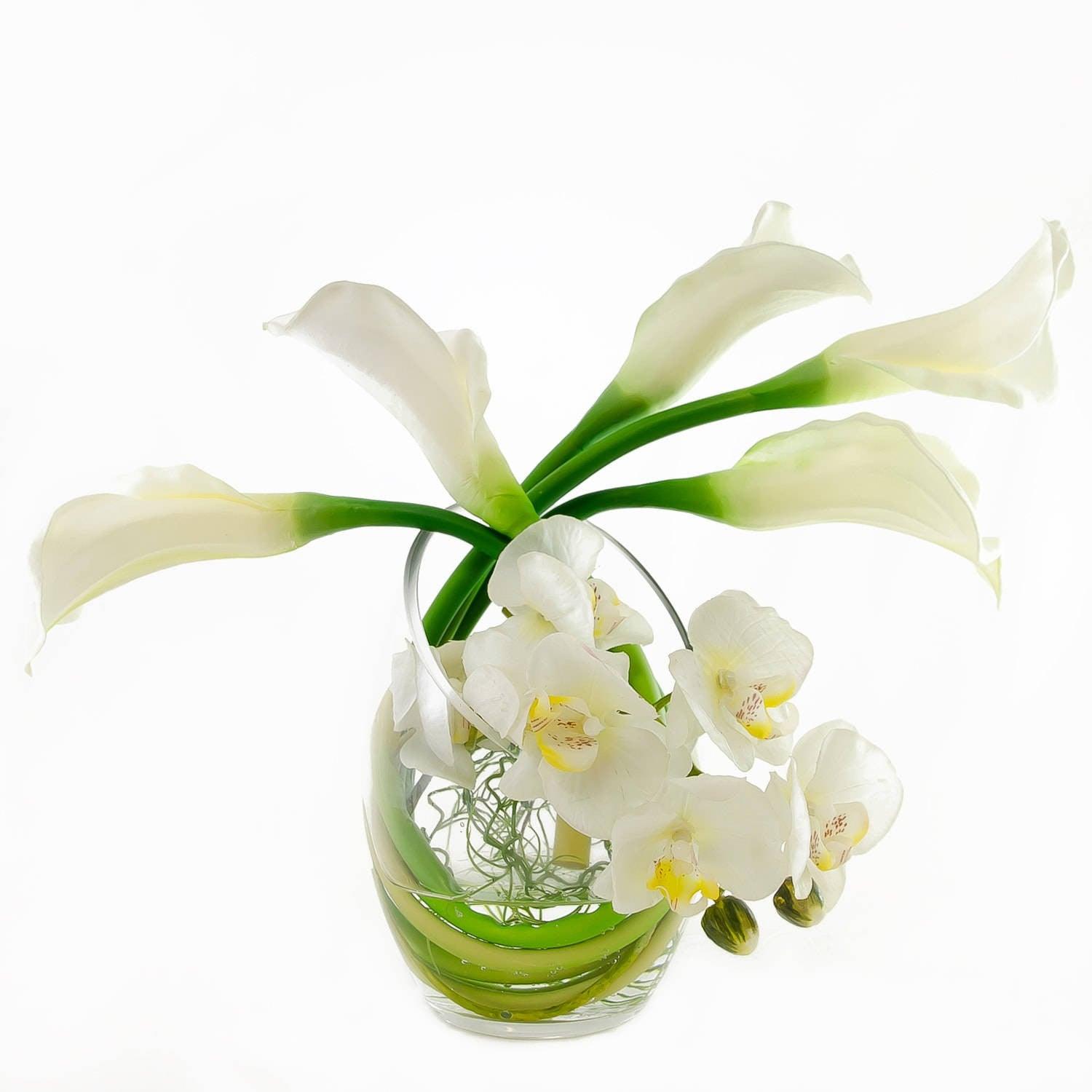 Real Touch White Calla Lilies Orchids Bubble Arrangement - Flovery