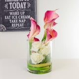 Real Touch Pink Calla Lilies White Roses Cylinder Arrangement - Flovery