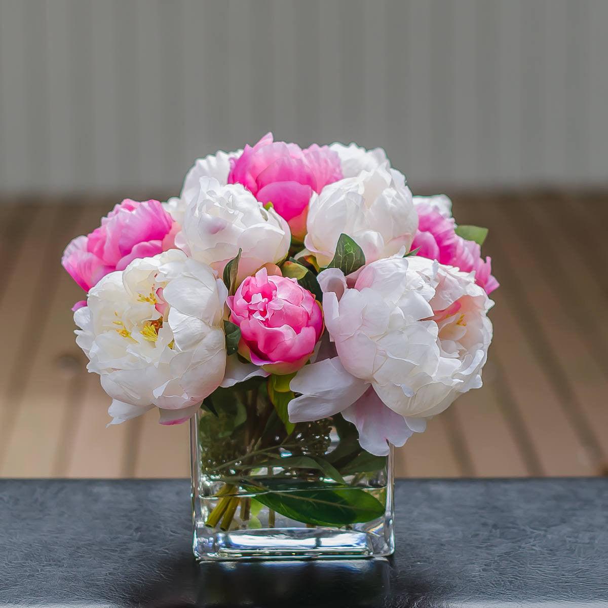 Silk White Light Pink Touched Peony Arrangement - Flovery