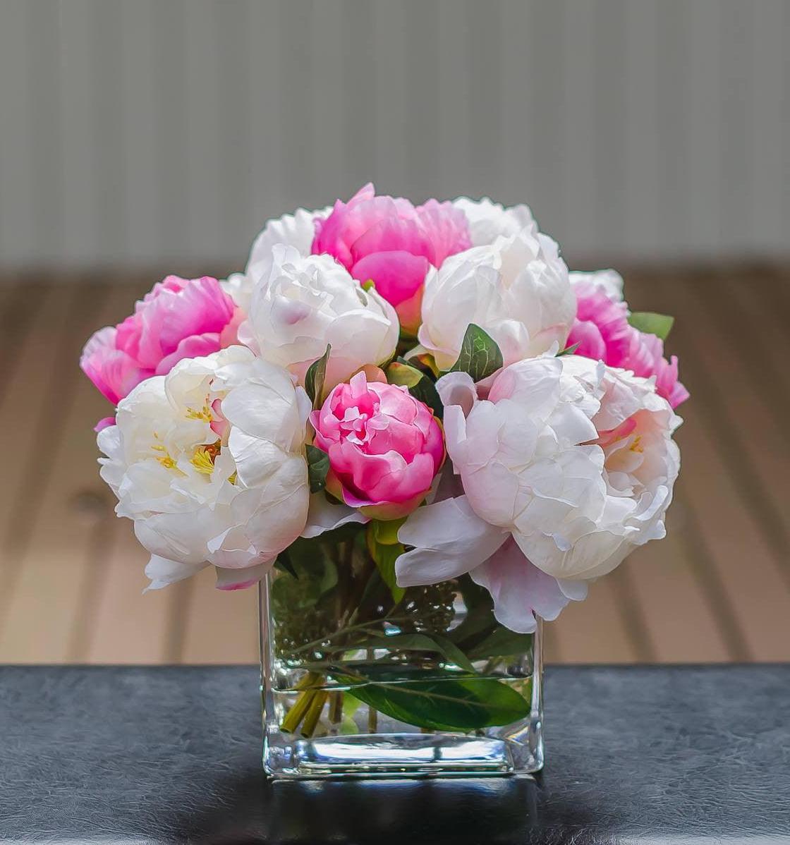 Silk White Light Pink Touched Peony Arrangement - Flovery Main image
