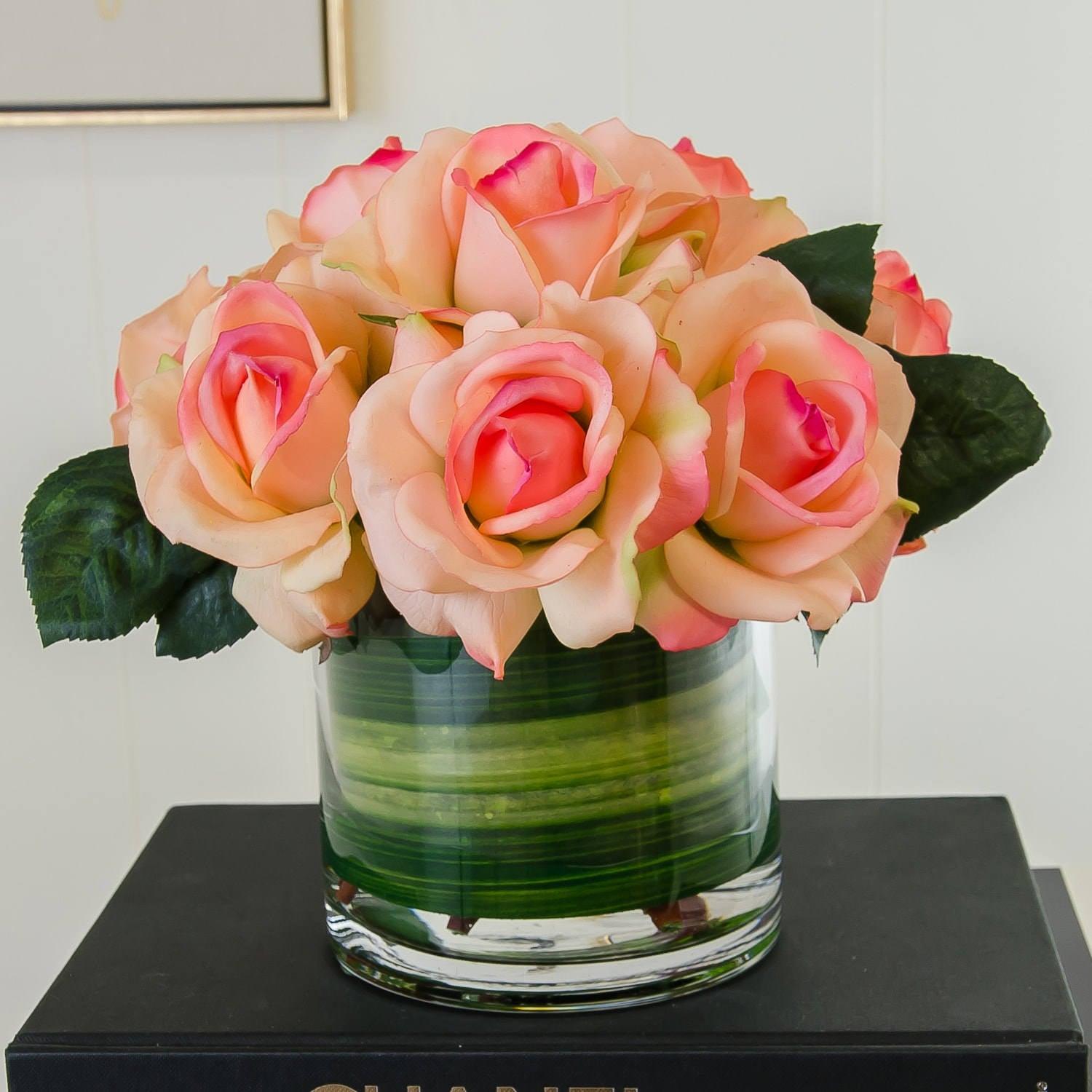 Large Real Touch Orange Rose Greenery Arrangement Round - Flovery
