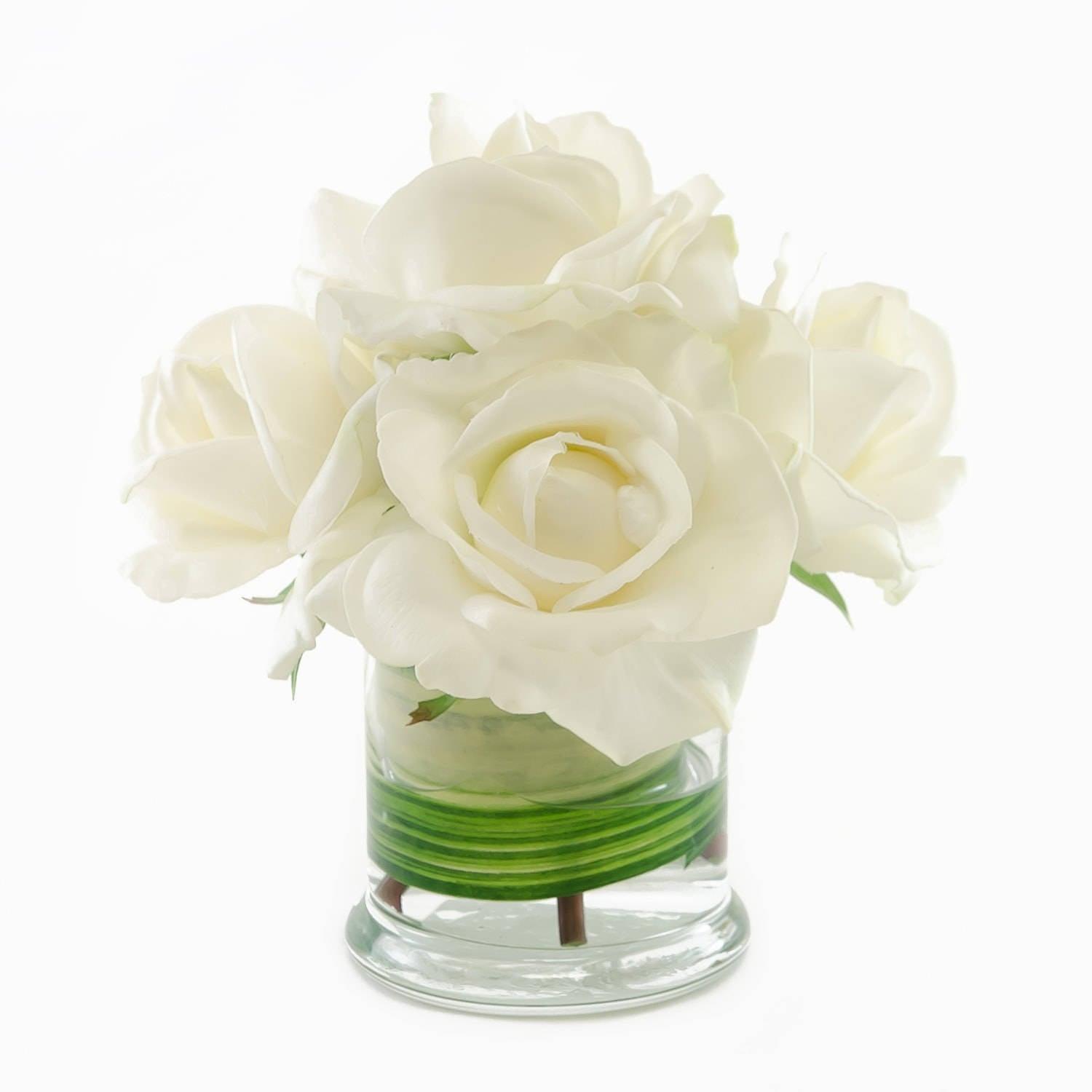White Real Touch Rose Arrangement Cylinder Foliage - Flovery